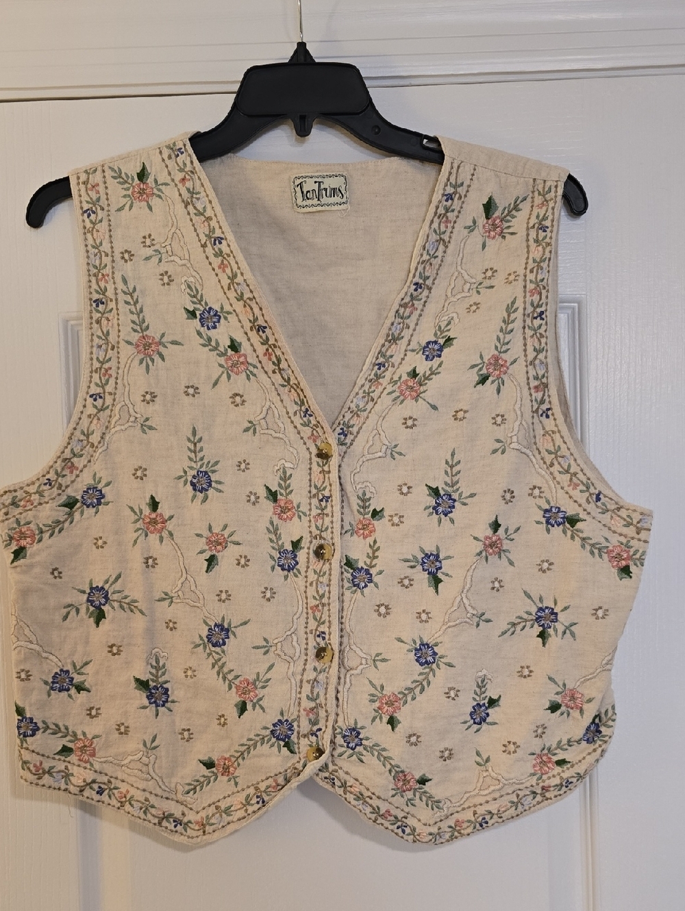Tan Trums Embroidered Linen Vest in Cream with Blue & Pink Florals